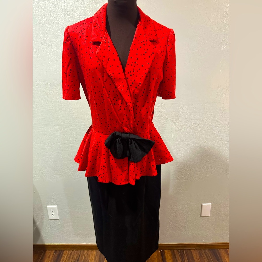 80s does 40s red and black polka dot peplum dress with bow S